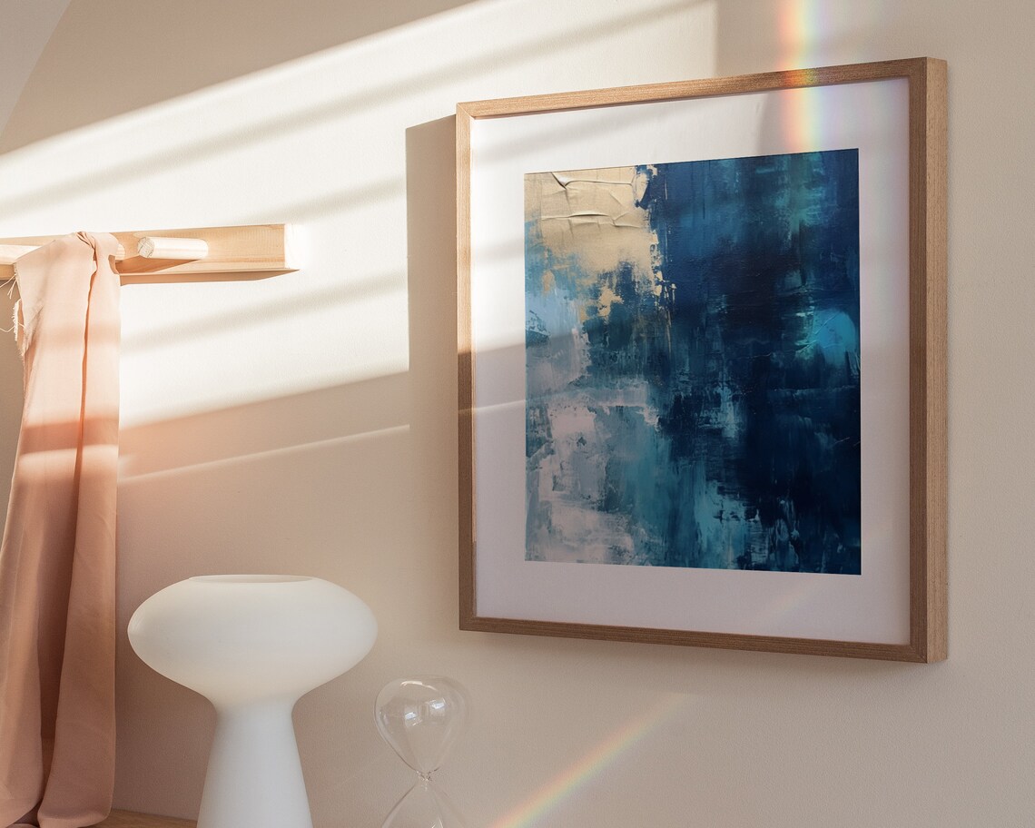 Navy Blue And Gold Abstract Oil Painting Modern Minimalist Poster - Image 2