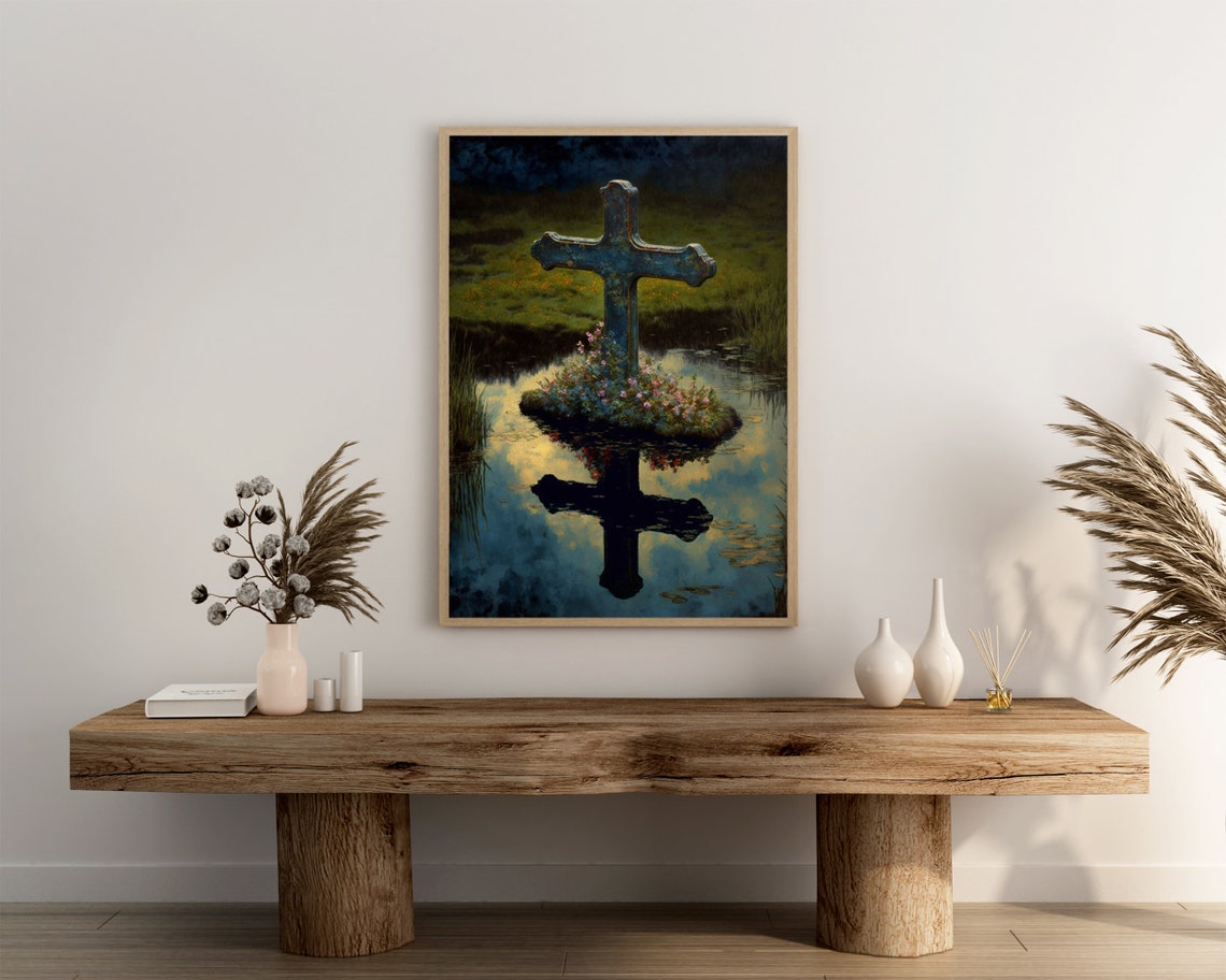 Ancient Stone Cross on Flower Island Mirror Reflection Art Poster - Image 3