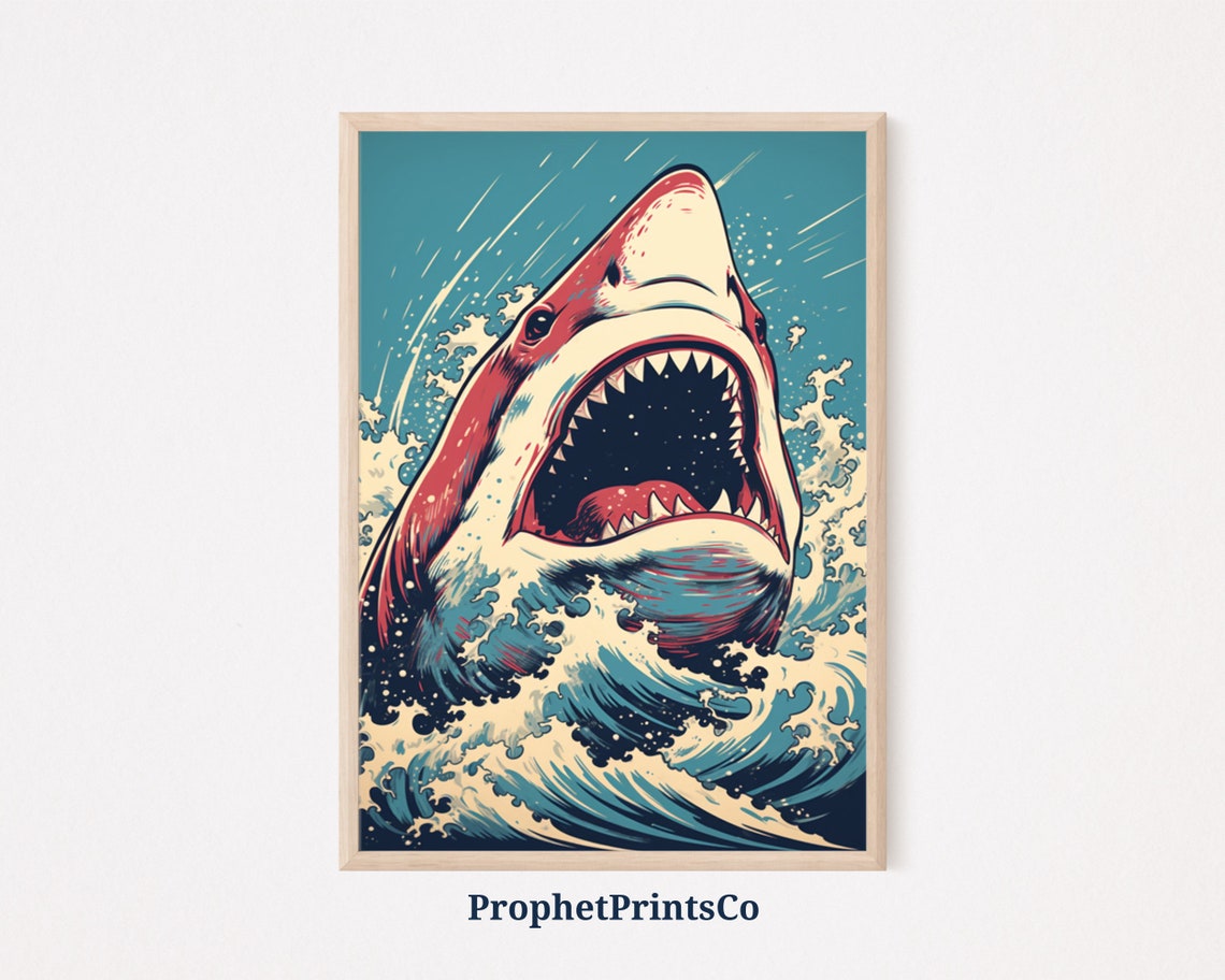 Great White Shark Leaping From Waves Retro Red Teal Art Poster