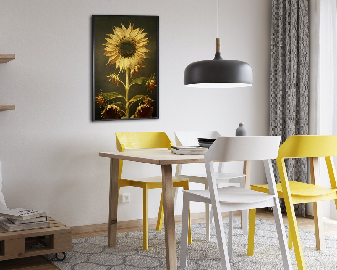 Golden Sunflower Vintage Oil Painting Dark Moody Botanical Poster - Image 2