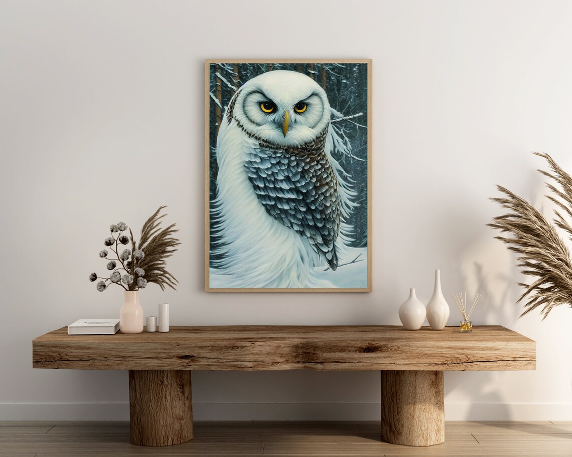 White Owl In Snowy Forest Winter Wildlife Portrait Painting Poster - Image 3