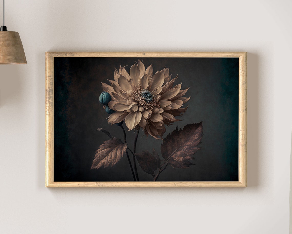 Moody Vintage Pale Flower With Teal Buds on Dark Background Art Poster - Image 2