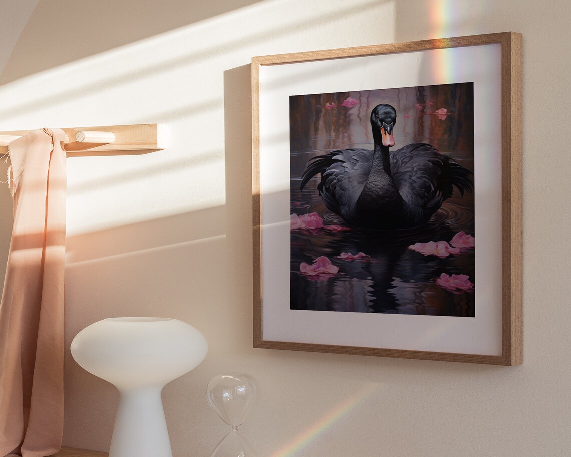 Graceful Black Swan Floating Petals Dark Water Painting Poster - Image 3