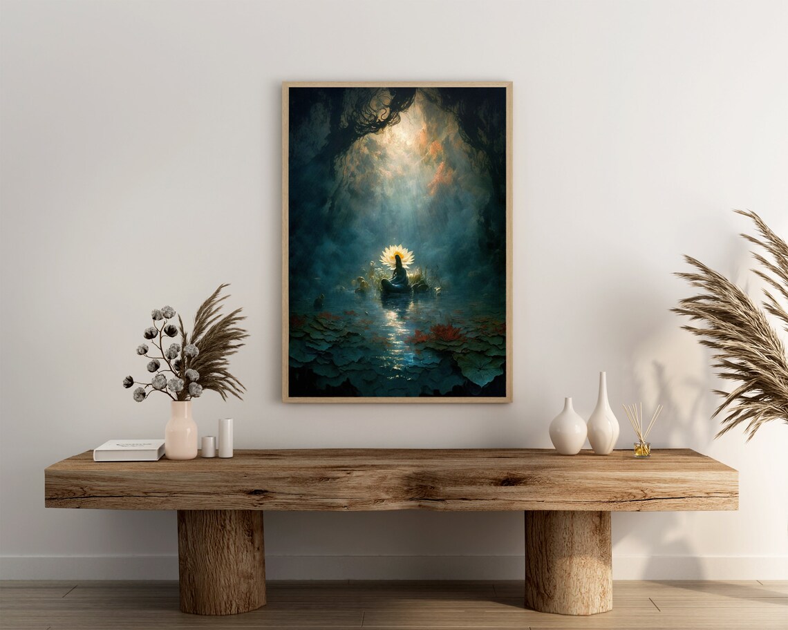 Spiritual Meditation Before Glowing Lotus in Sacred Cave Poster - Image 3
