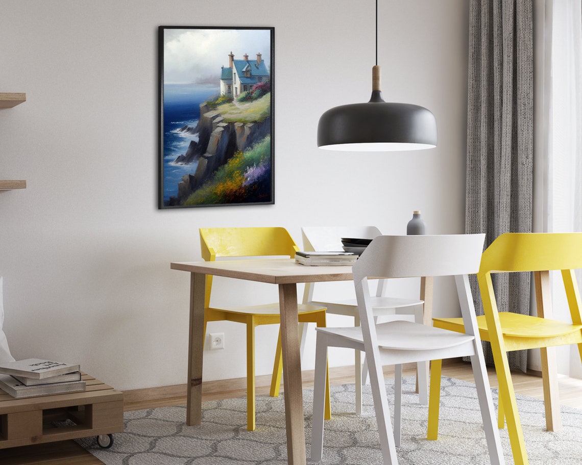 Serene White Cottage on a Cliff Edge Overlooking the Ocean Poster - Image 2