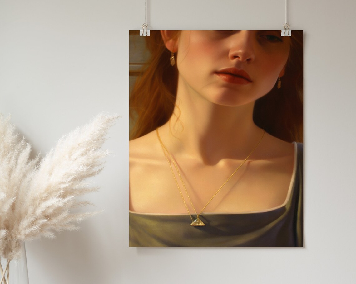 Woman Gold Necklace Candlelit Portrait Elegant Oil Painting Poster - Image 2