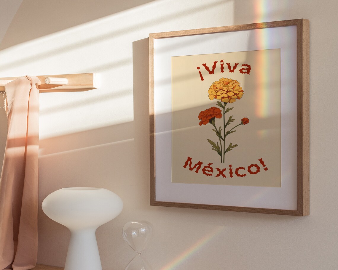 Viva Mexico Yellow Marigold Blooms Festive Mexican Art Poster - Image 3
