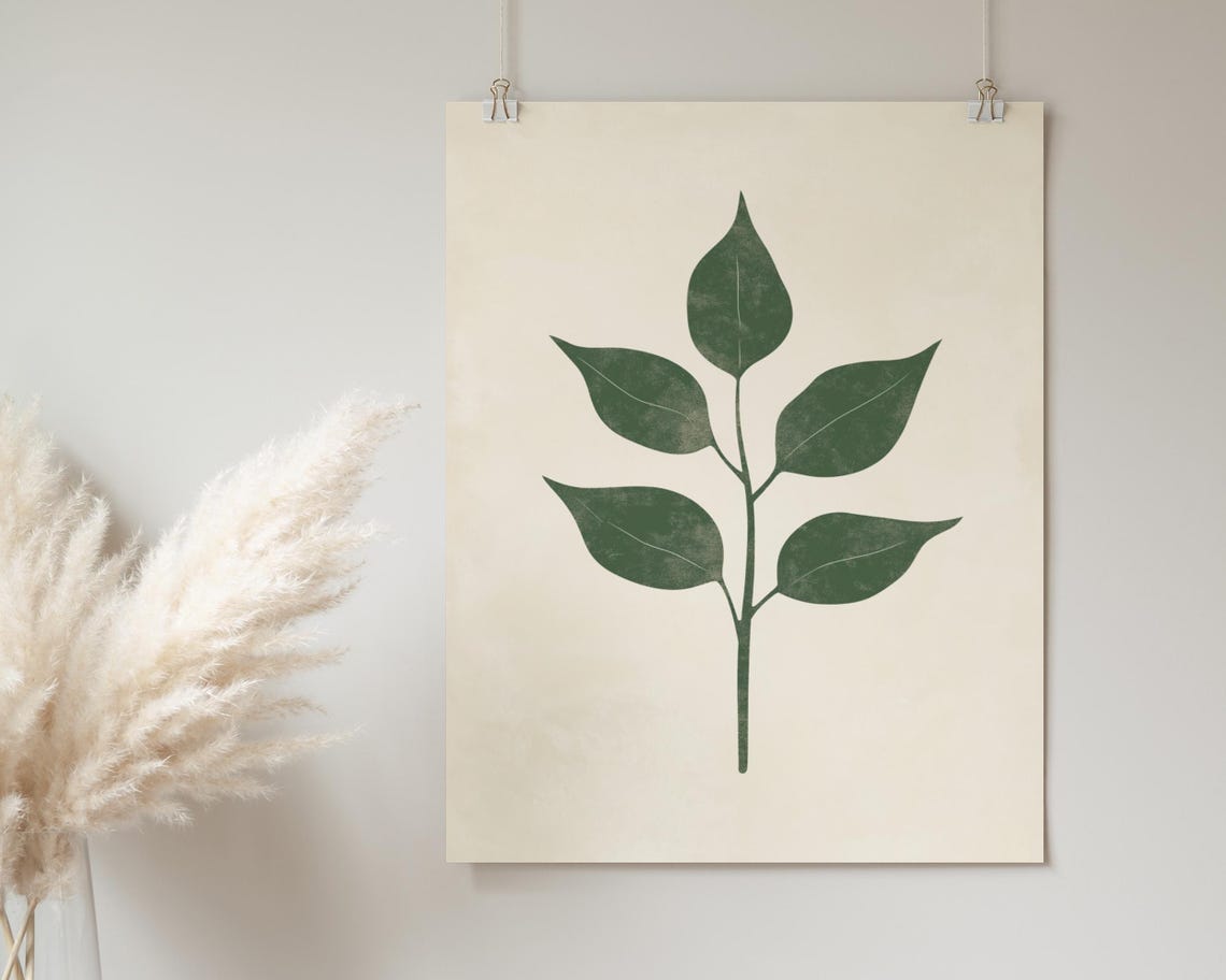 Minimalist Leaf Sprig Botanical Five Leaves Cream Decor Poster - Image 2