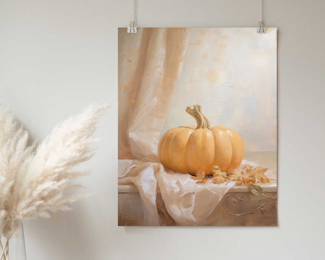 Orange Pumpkin With Autumn Leaves Cozy Fall Still Life Poster - Image 2