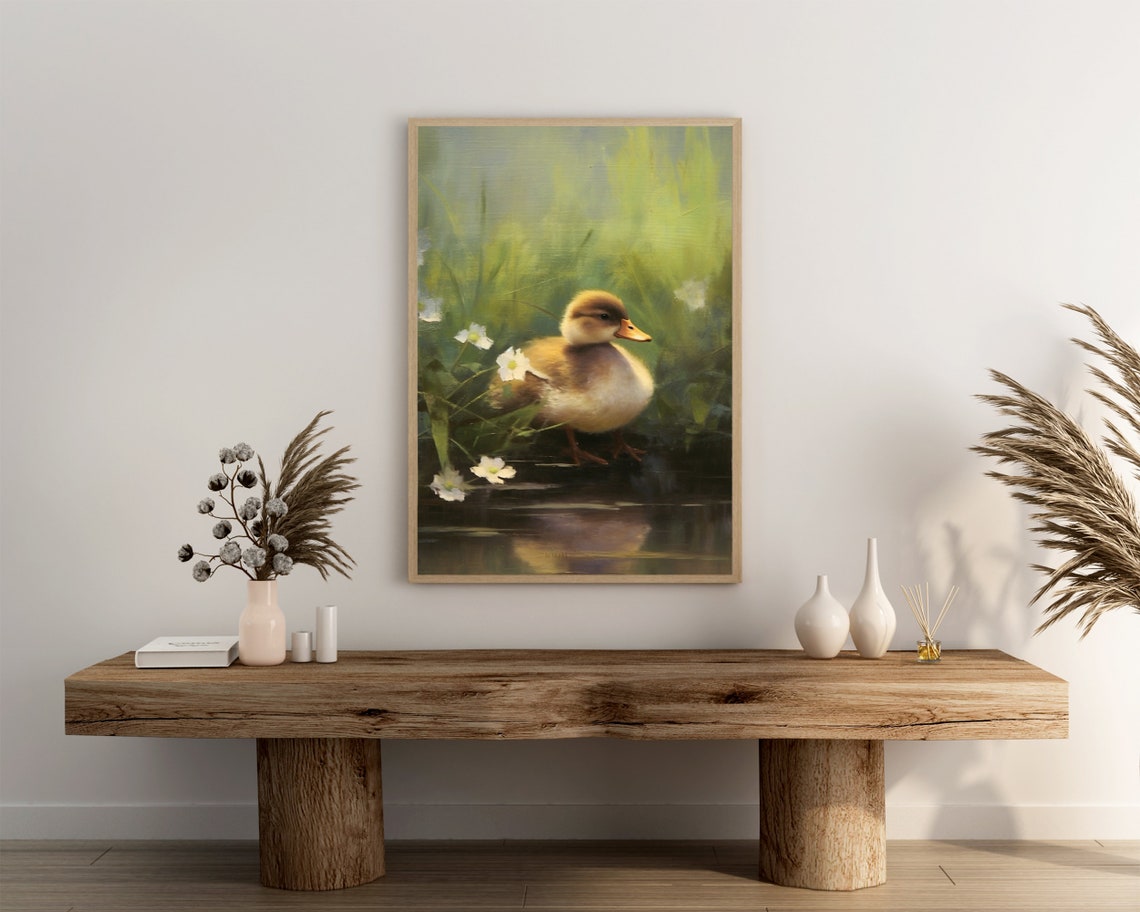 Cute Duckling Standing Among White Flowers Oil Painting Poster - Image 3