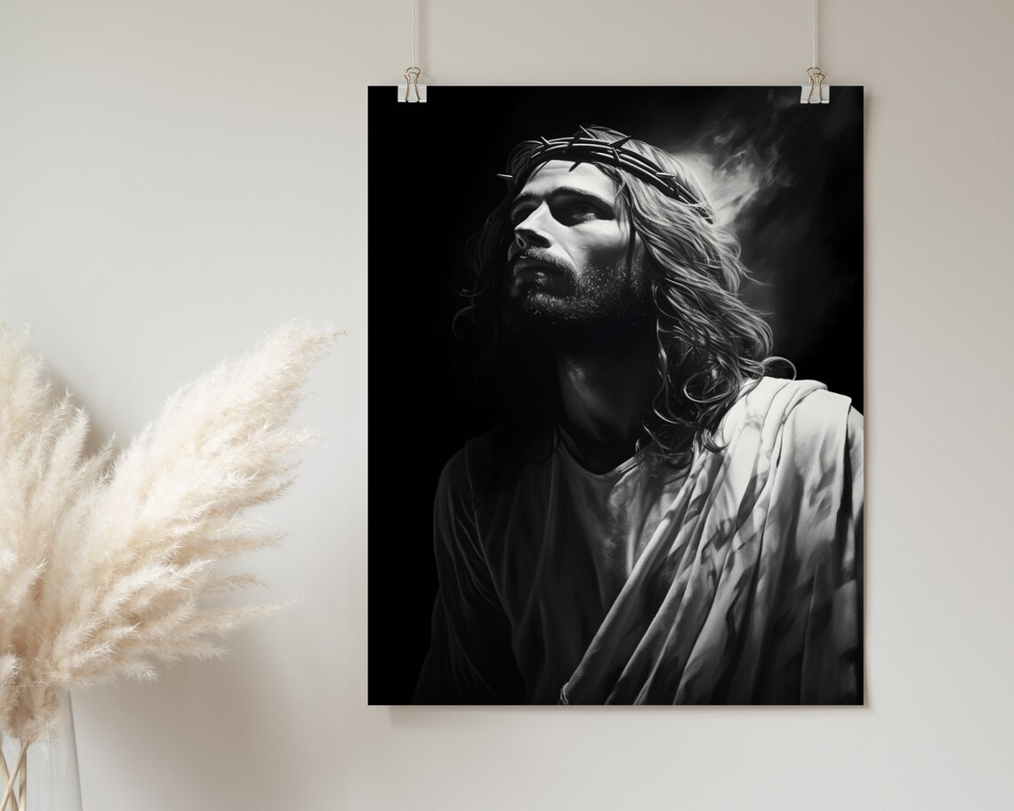 Jesus Christ Crown of Thorns Black and White Portrait Poster - Image 2