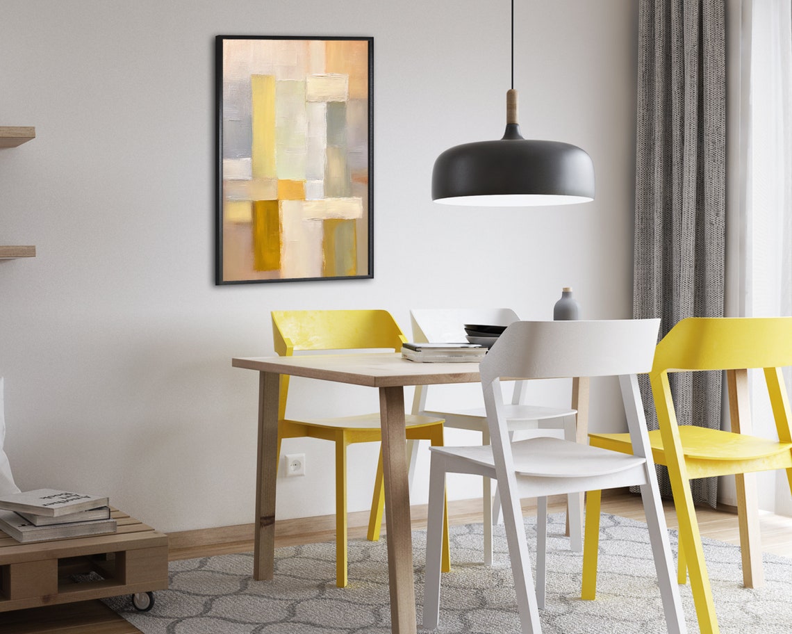 Warm Yellow Cream and Grey Block Abstract Art Painting Poster - Image 2