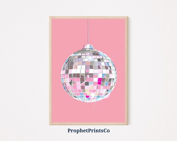 Disco Ball Hanging Illustration Pink Background Glam Party Decor Poster