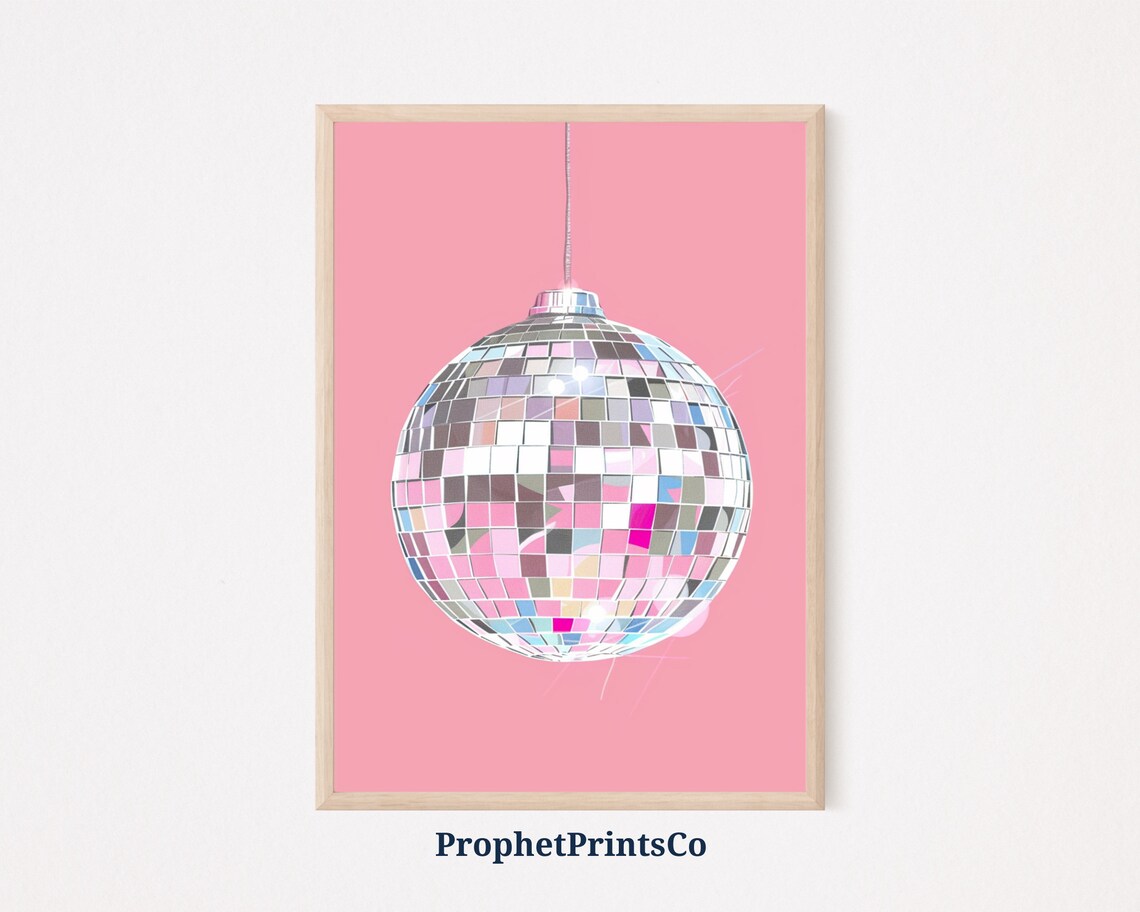 Disco Ball Hanging Illustration Pink Background Glam Party Decor Poster