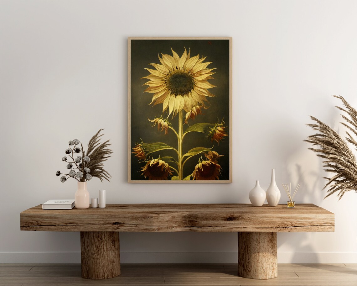 Golden Sunflower Vintage Oil Painting Dark Moody Botanical Poster - Image 3