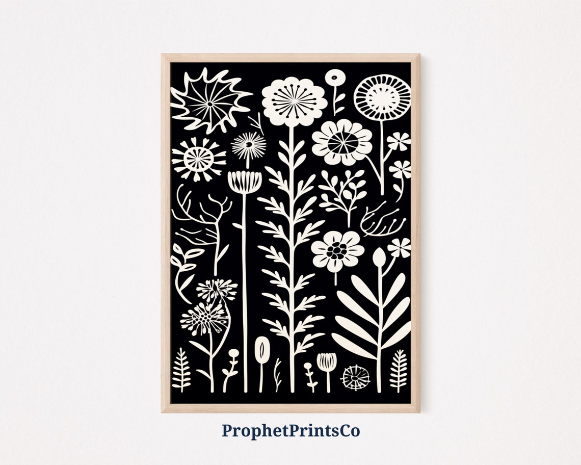 Charming Black And White Folk Flower Garden Pattern Art Poster