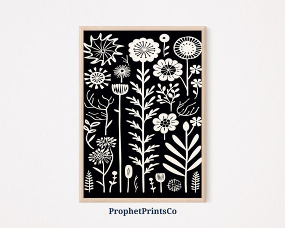Black And White Floral Pattern Print Boho Wall Art Mid Century Print Cute Eclectic Home Dcor Wall Art