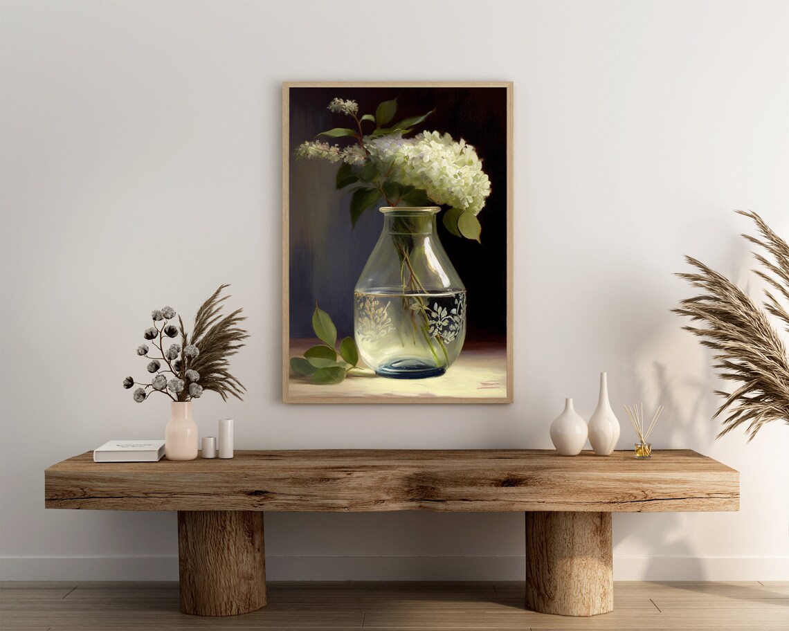 White Hydrangeas in a Glass Vase Dark Still Life Oil Painting Poster - Image 3