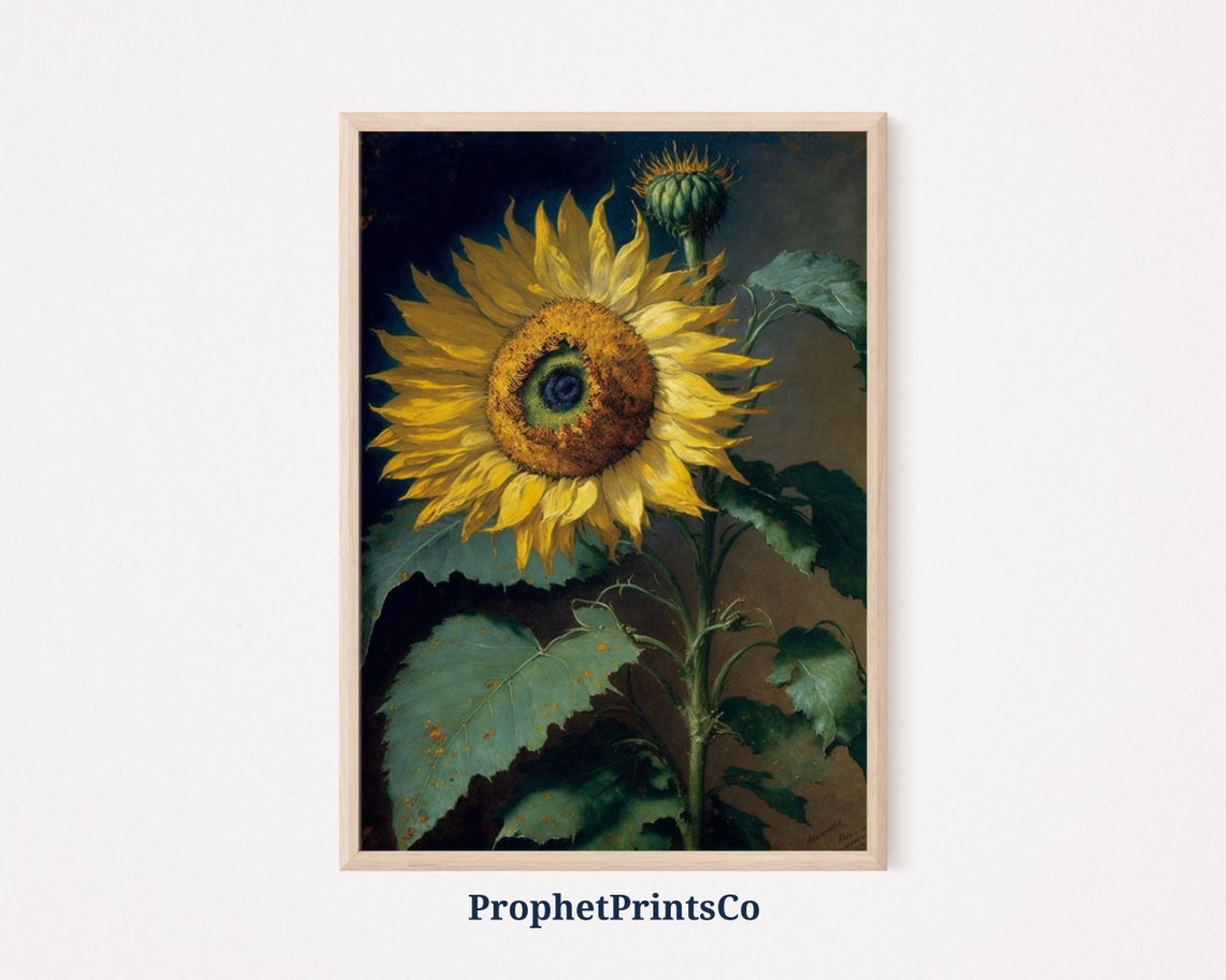 Classic Sunflower Still Life Poster with Bud in Old Master Style