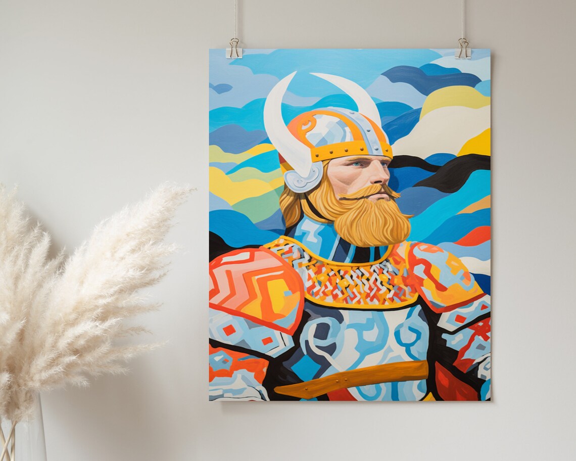 Colorful Viking With Horned Helmet Bold Geometric Art Poster - Image 2