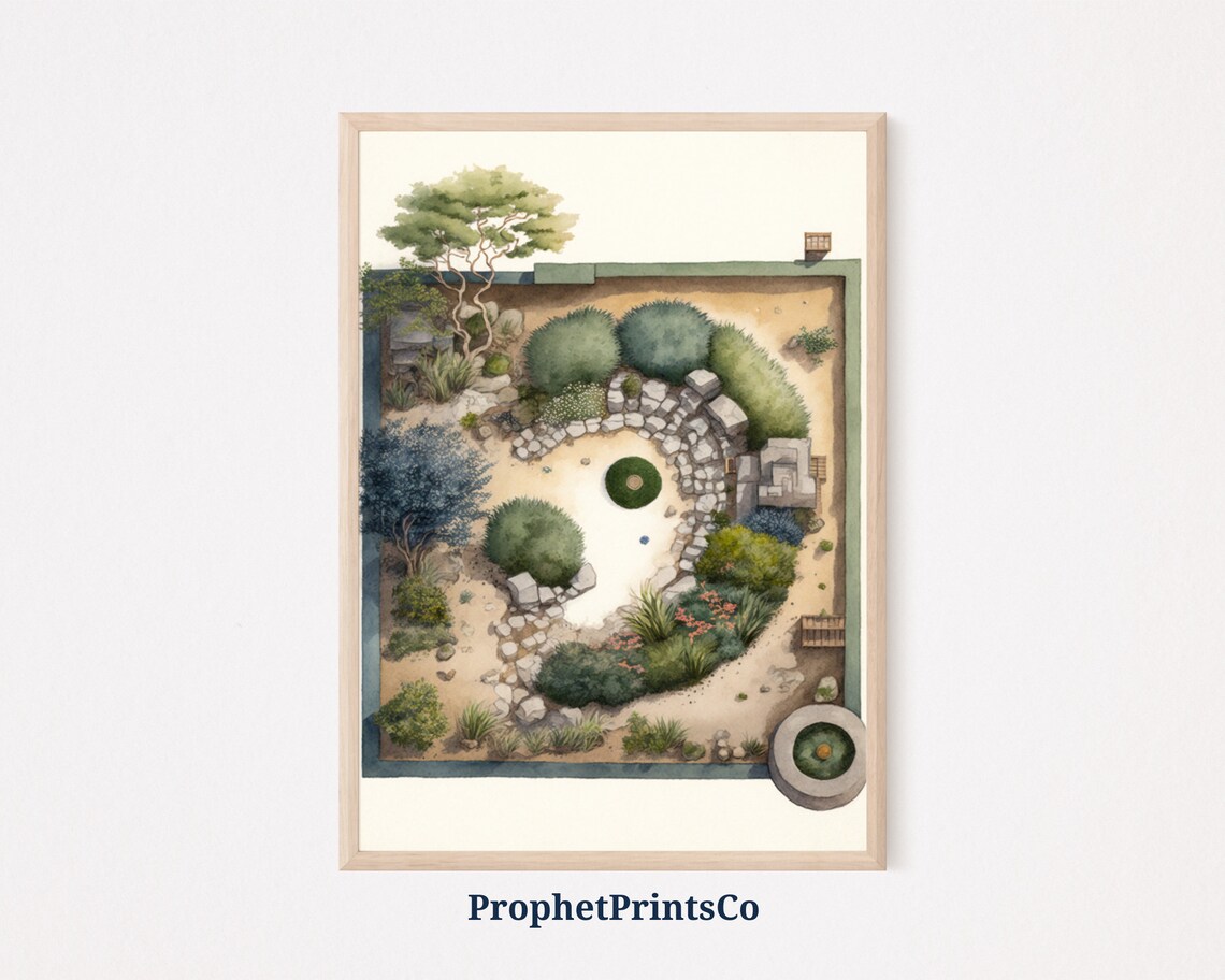 Spiral Stone Path Garden Watercolor Aerial Japanese Courtyard Art Poster