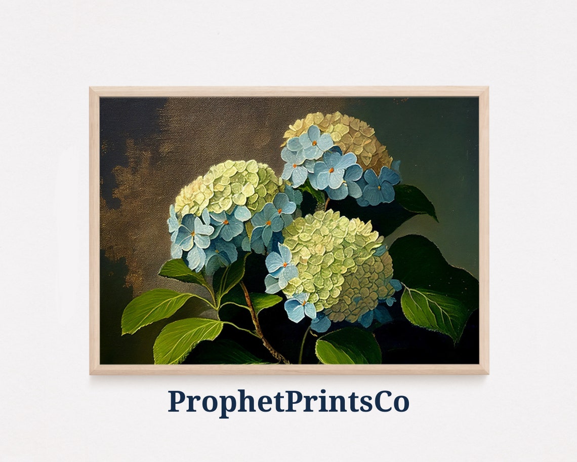 Blue Hydrangea Blooms on Dark Green Moody Botanical Art Poster