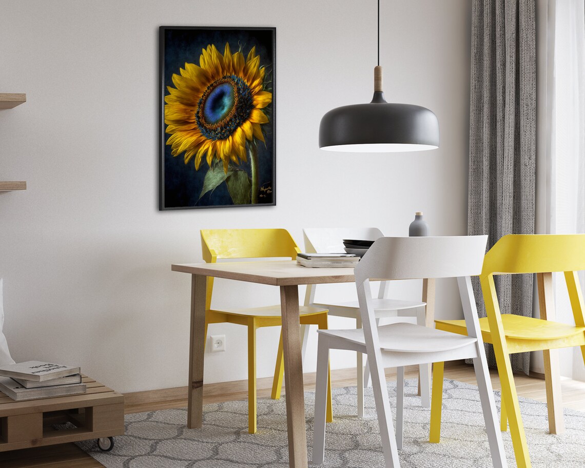 Sunflower Close Up Poster Golden Petals with Teal Blue Center Design - Image 2