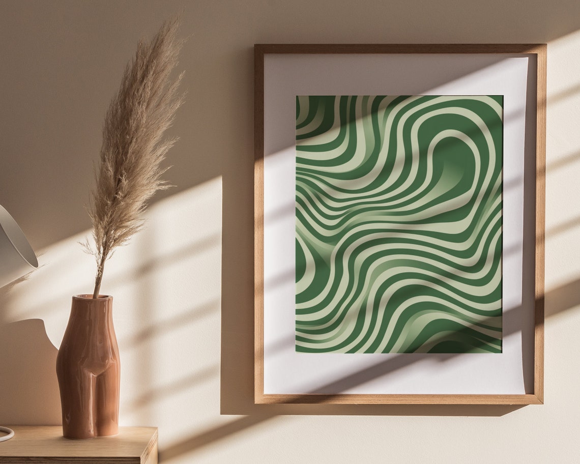 Sage Green Retro Wavy Swirl Lines Psychedelic Abstract Art Poster - Image 4
