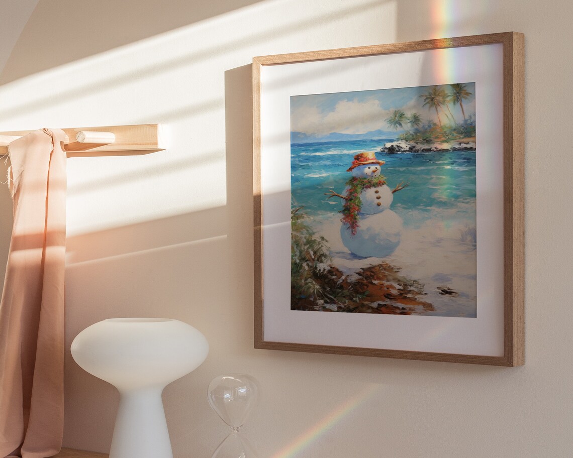 Snowman on Tropical Beach with Lei Vintage Hawaiian Christmas Painting Poster - Image 3