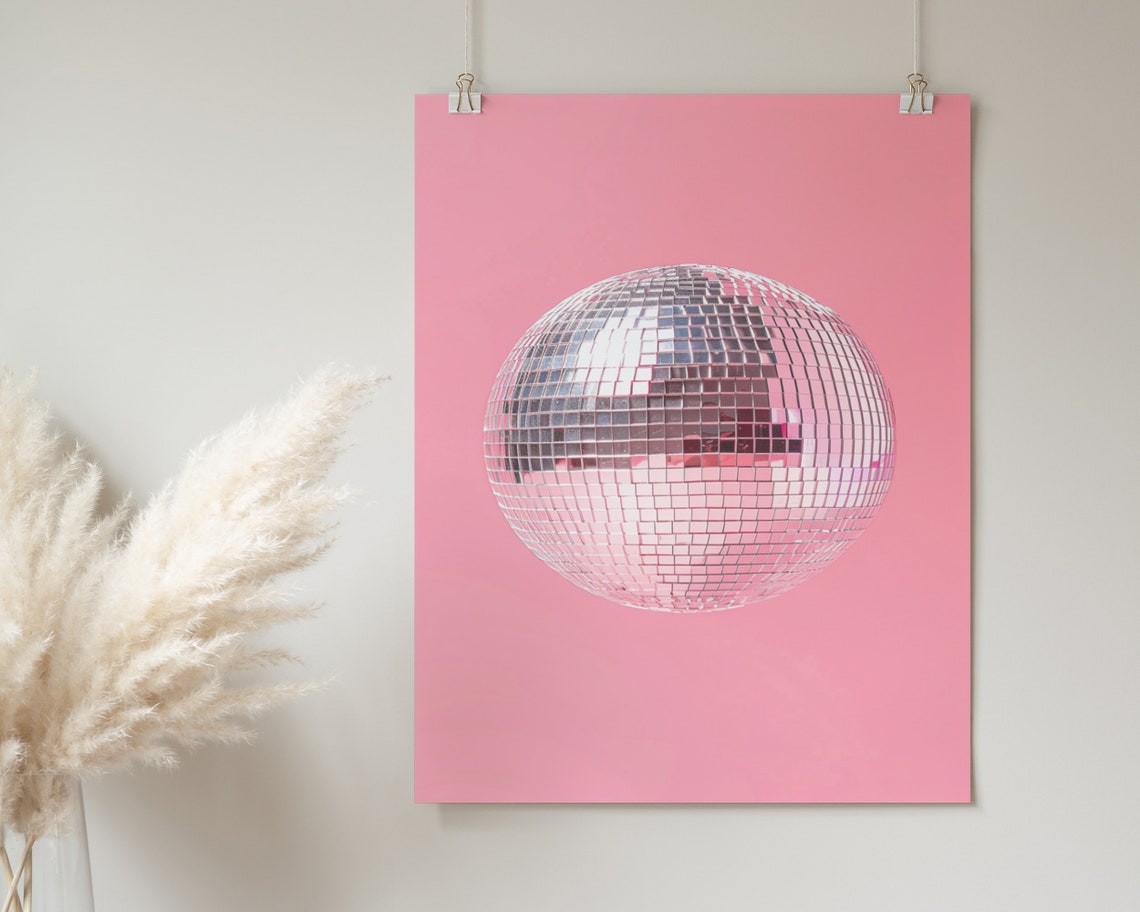 Disco Ball Close Up Pink Background Retro Party Shimmer Decor Poster - Image 2