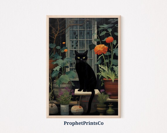 Black Cat Night Garden Rain Window Moody Botanical Art Poster