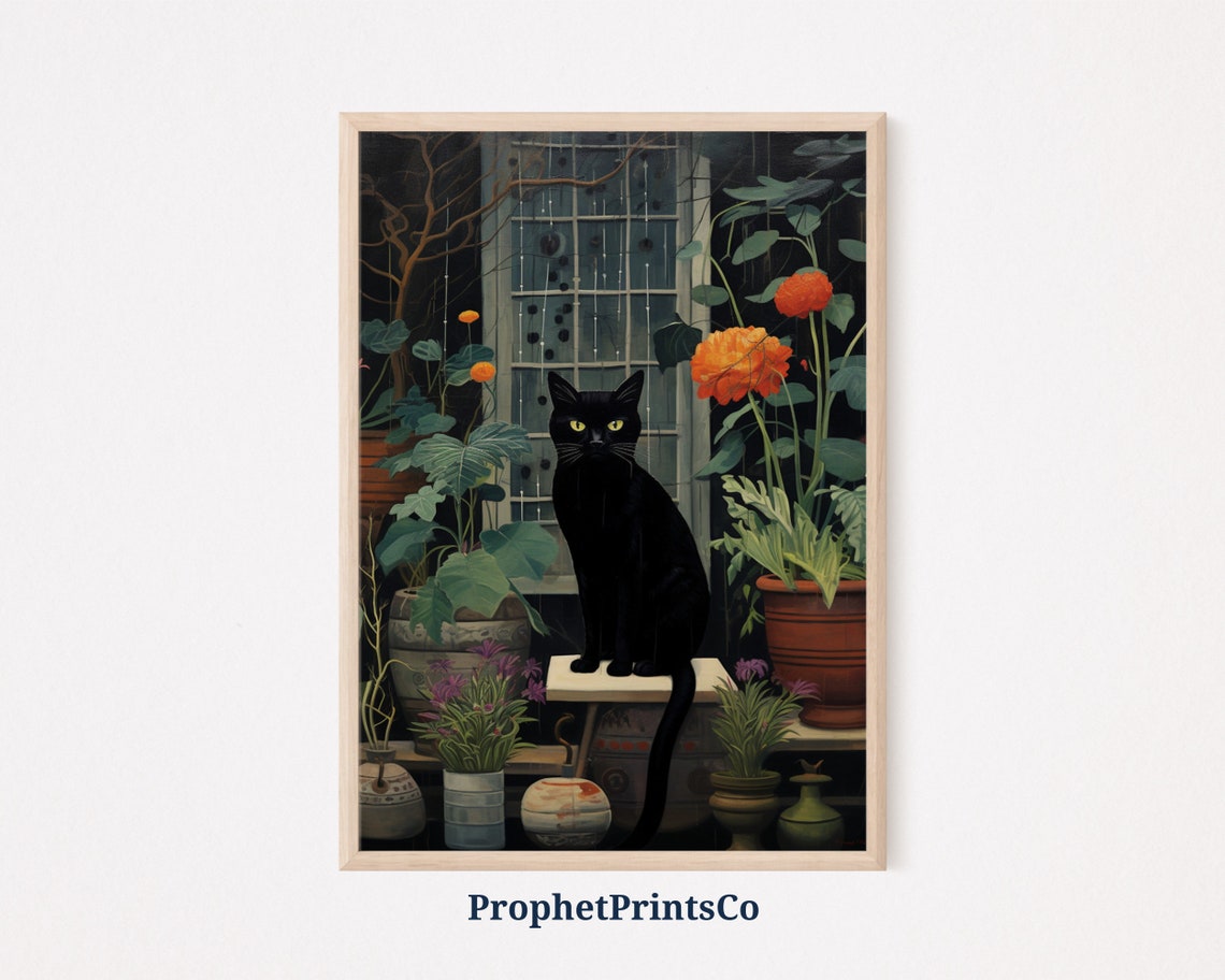 Black Cat Night Garden Rain Window Moody Botanical Art Poster