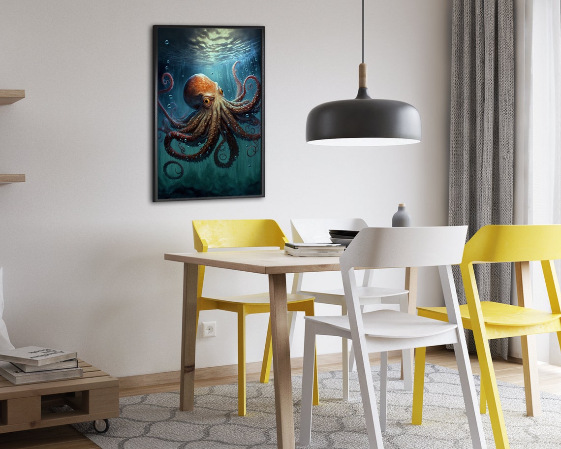 Orange Octopus Poster Rising Through Bubbles in Deep Teal Ocean - Image 2