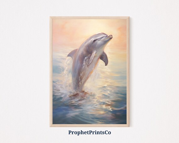 Dolphin Leaping from Ocean Waves at Sunset Vintage Marine Painting Poster