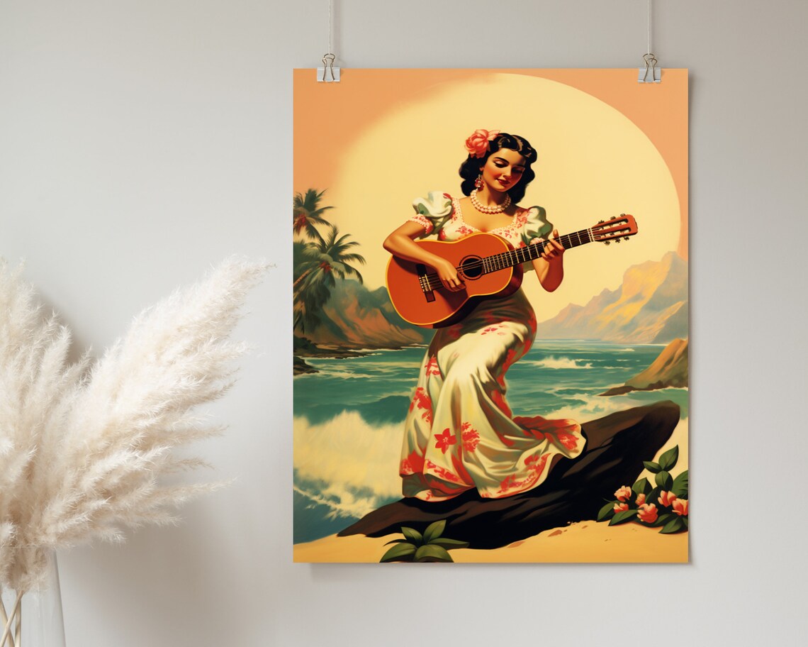 Vintage Mexican Guitarist Tropical Beach Sunset Latin Art Poster - Image 2