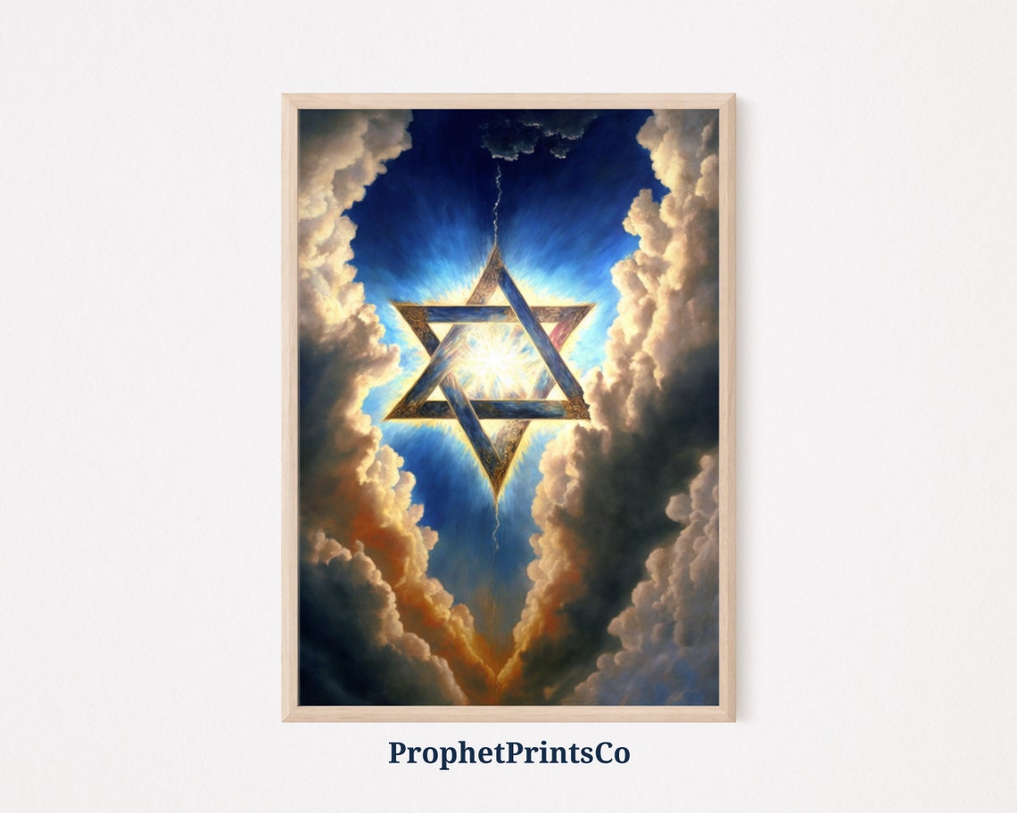 Star Of David Glowing In Clouds Blue Sky Hanukkah Religious Poster
