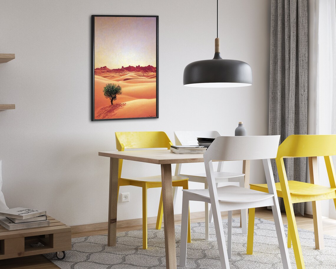 Lone Tree in Orange Desert Dunes at Sunset Landscape Painting Poster - Image 2