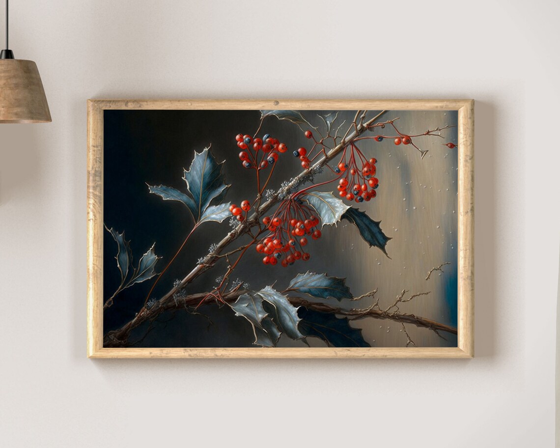 Dark Moody Winter Berry Branch Frosted Holly Still Life Poster - Image 2