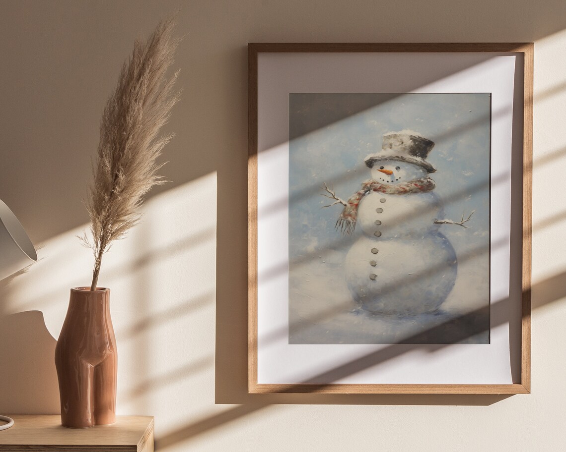 Classic Snowman Top Hat Plaid Scarf Snowy Winter Christmas Art Poster - Image 4
