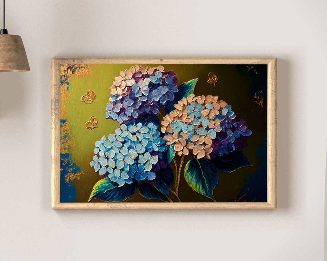 Rich Hydrangea Blooms on Dark Gold Moody Botanical Art Poster - Image 2