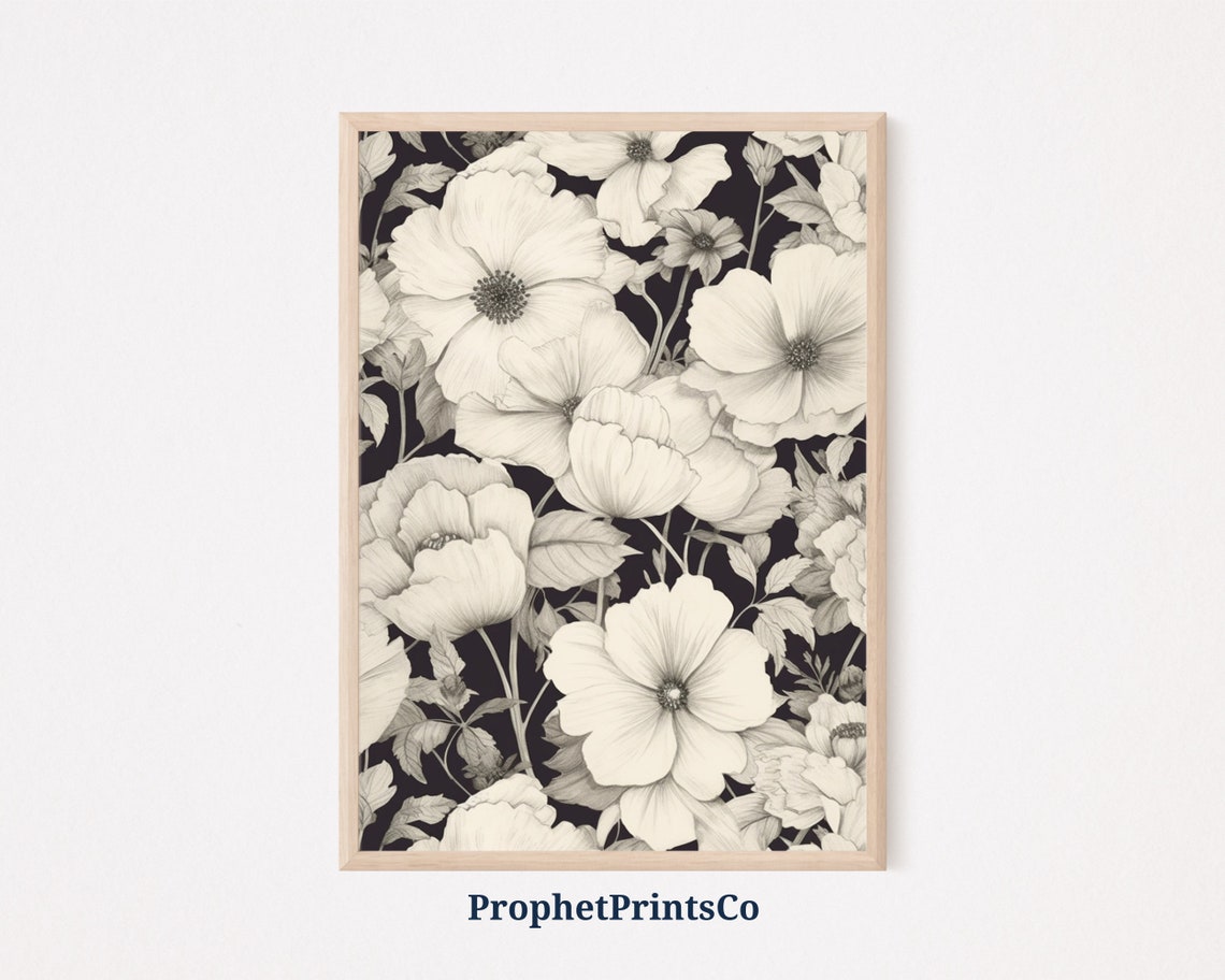 White Poppy Blooms on Black Vintage Botanical Sketch Art Poster