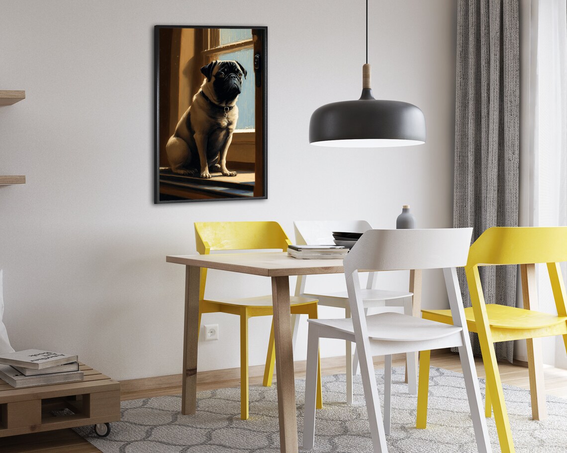 Pug Dog Sitting On Windowsill Looking Out Window Oil Painting Poster - Image 2