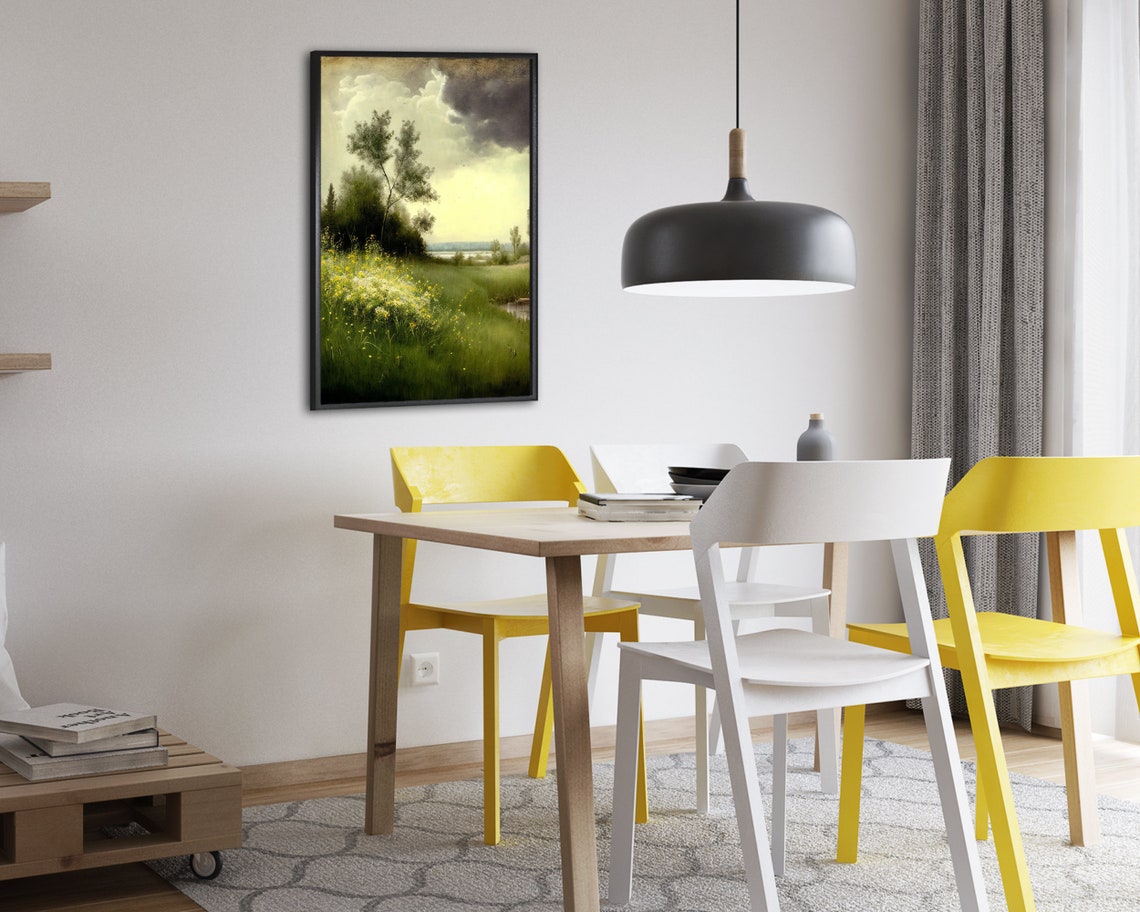 Yellow Wildflower Meadow Lone Tree Storm Cloud Vintage Poster - Image 2