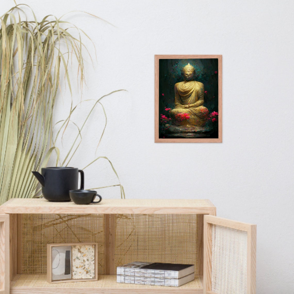 Golden Buddha Zen Statue Meditating Among Pink Blossoms Poster - Image 3
