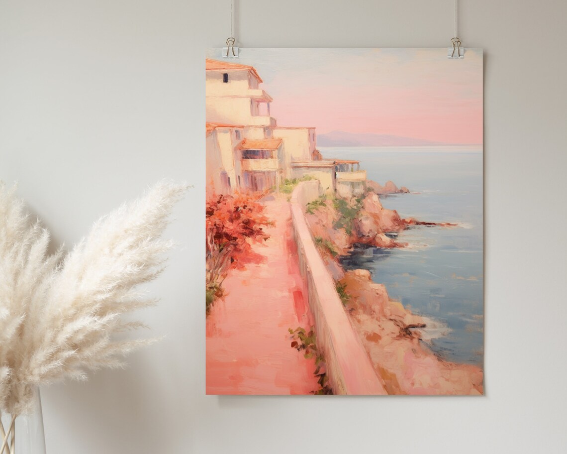 Coastal Cliffside Village Sunset Walkway Oil Painting Poster - Image 2
