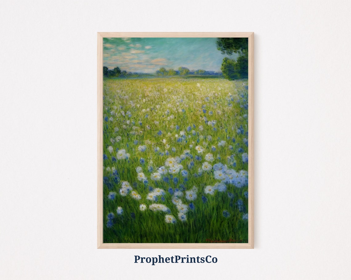 Blue and White Wildflower Meadow Impressionist Style Art Poster