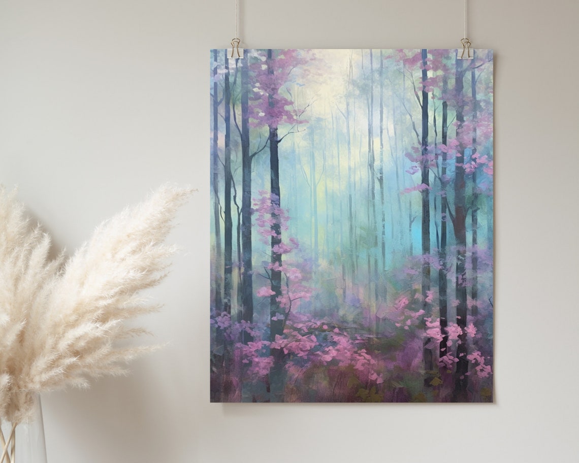 Lavender Misty Forest Pink Blossom Trees Dreamy Landscape Poster - Image 2