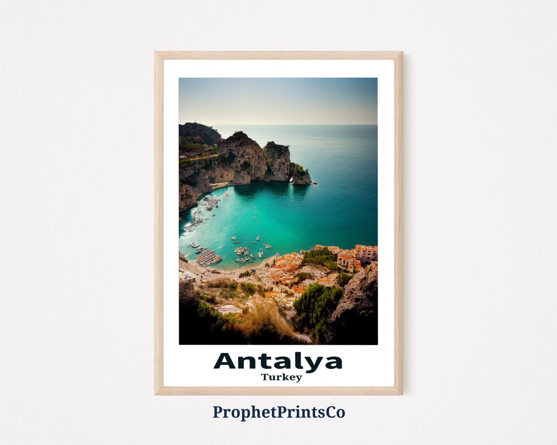 Antalya Turkey Turquoise Bay Cliffs and Boats Coastal Travel Poster