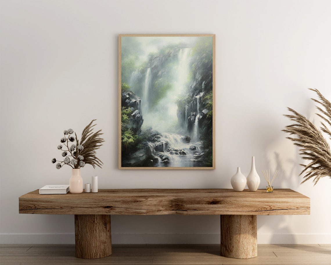 Twin Waterfalls in a Bright Green Forest Oil Painting Poster - Image 3