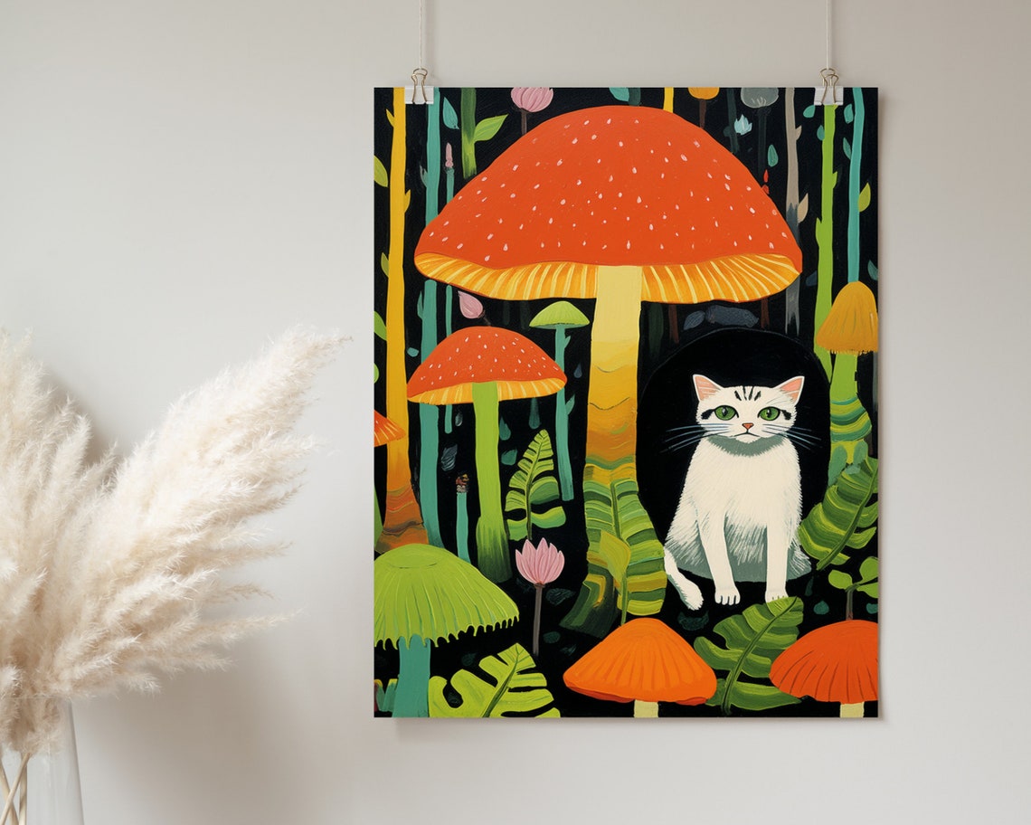 White Cat In Colorful Giant Mushroom Forest Whimsical Art Poster - Image 2